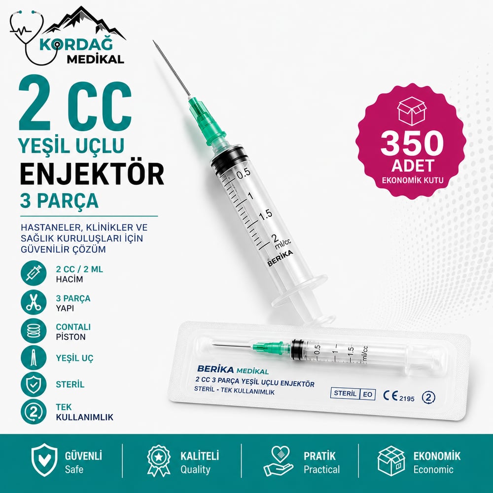 Berika 2 cc 3 Parça Yeşil Uçlu Enjektör (350 Adet)