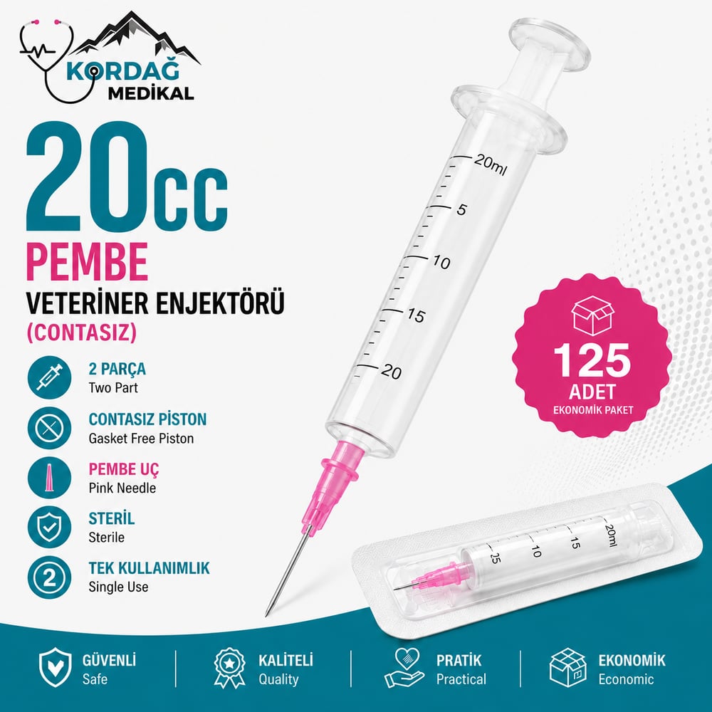 Berika 20 cc 2 Parça Contasız Pembe Uçlu Veteriner Enjektörü (125 Adet)