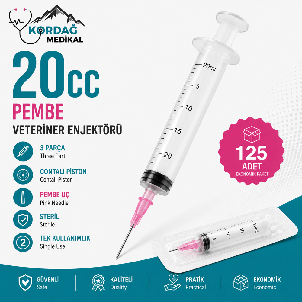 Berika 20 cc 3 Parça Contalı Pembe Uçlu Veteriner Enjektörü (125 Adet)