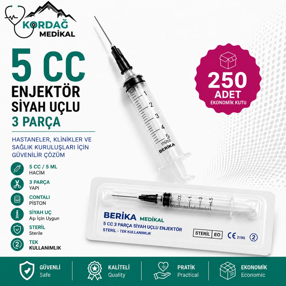 Berika 5 cc 3 Parça Siyah Uçlu Enjektör (250 Adet)