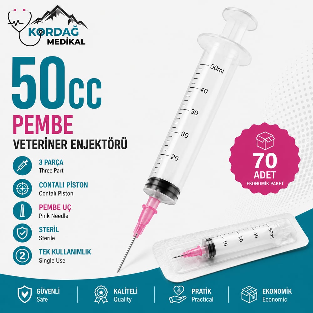 Berika 50 cc 3 Parça Contalı Pembe Uçlu Veteriner Enjektörü (70 Adet)
