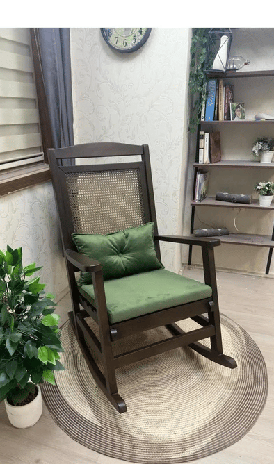 Veranda Minderli Hasırlı Koyu Ceviz Sallanan Sandalye Hazeranlı Dinlenme Koltuğu