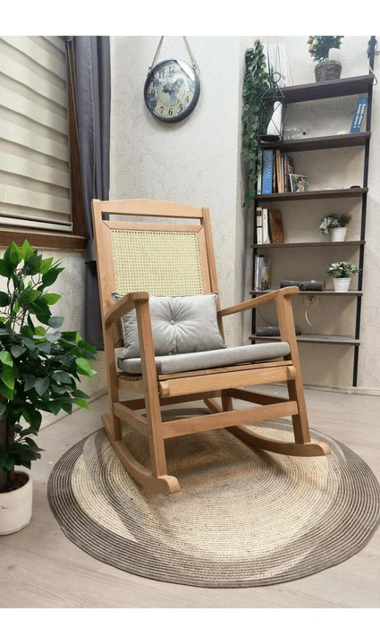 Veranda Minderli Hasırlı Naturel Sallanan Sandalye Hazeranlı Dinlenme Koltuğu