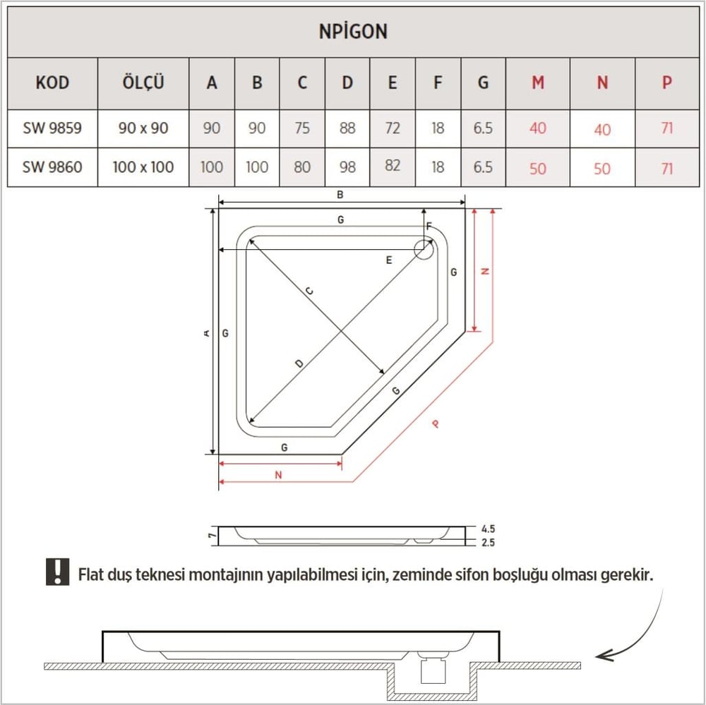 SHOWER Npigon Beşgen Duş Teknesi, Flat