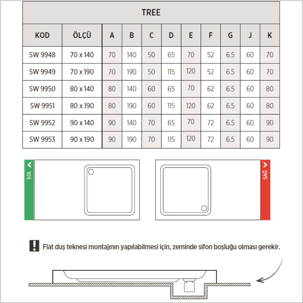 SHOWER Tree Özel Kesım Dikdörtgen Duş Teknesi, Flat