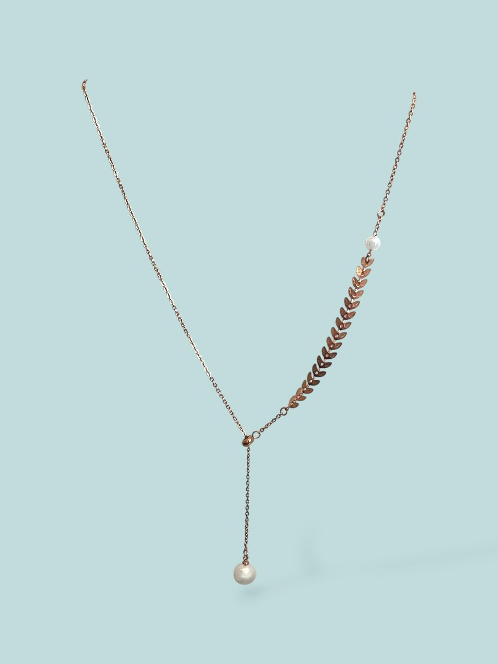 Sarkaç İnci Detaylı Yaprak Zincir Tasarım Kolye Rose Gold