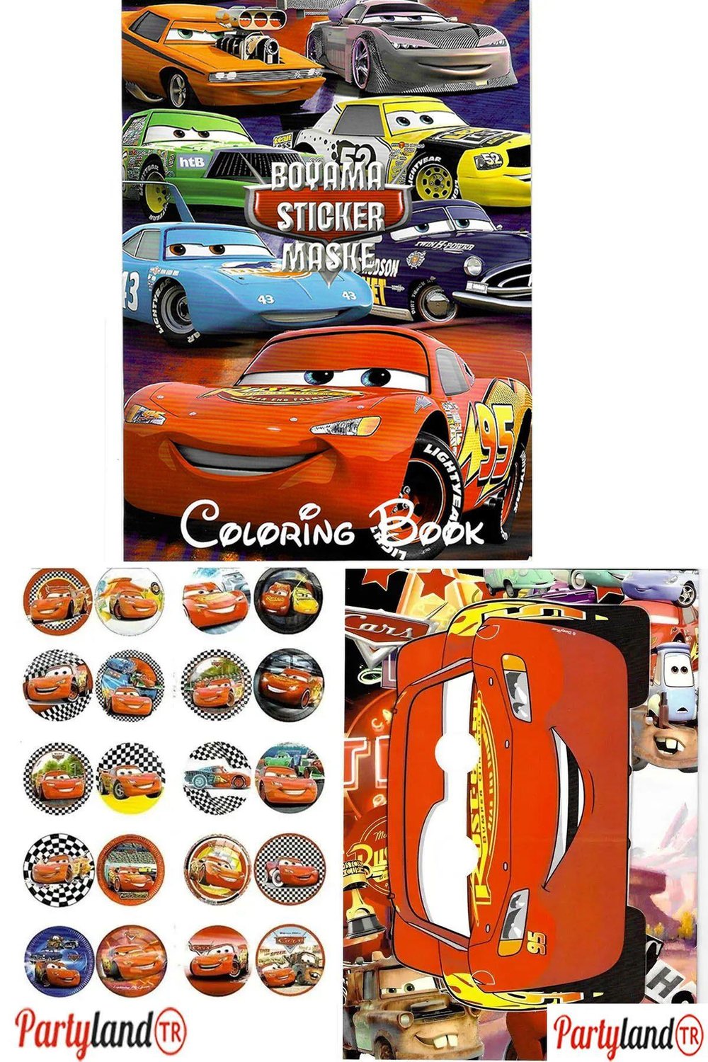 Cars Arabalar Şimşek Mcqueen Boyama Kitabı 3'lü (BOYAMA , STİCKER , ARKA KAPAK MASKE)