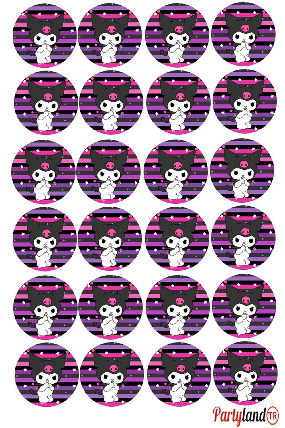 Kuromi Temalı 5 cm. Yapışkanlı Yuvarlak Etiket - Sticker 24 Adet