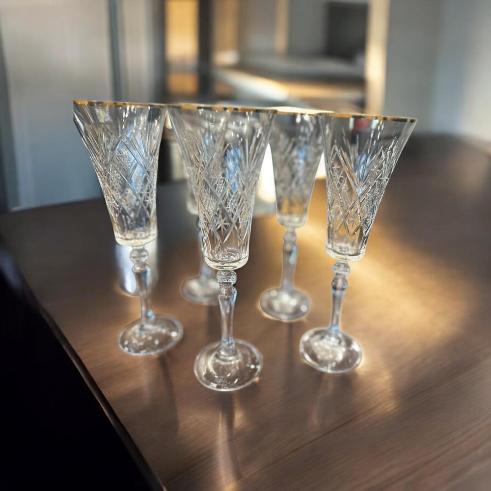 Altın Yaldızlı El Kesimi Kristal Kadeh Seti – 6lı Vintage Şampanya Kadehi