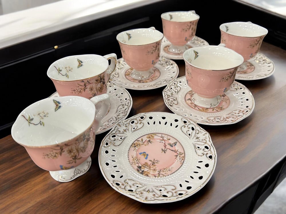 Vintage Pembe Çiçek Desenli Porselen Fincan Takımı  6 Kişilik 12 Parça