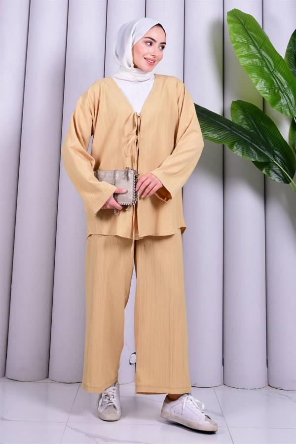 Bağcık Detaylı Pantolonlu Kimono Takım