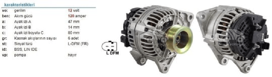 ALTER 12V120ABOSCH TIPI FIAT DUCATO 11 30 JTD/15 30 JTD/17 30 JTD 2006>IVECO DAILY II 35C14