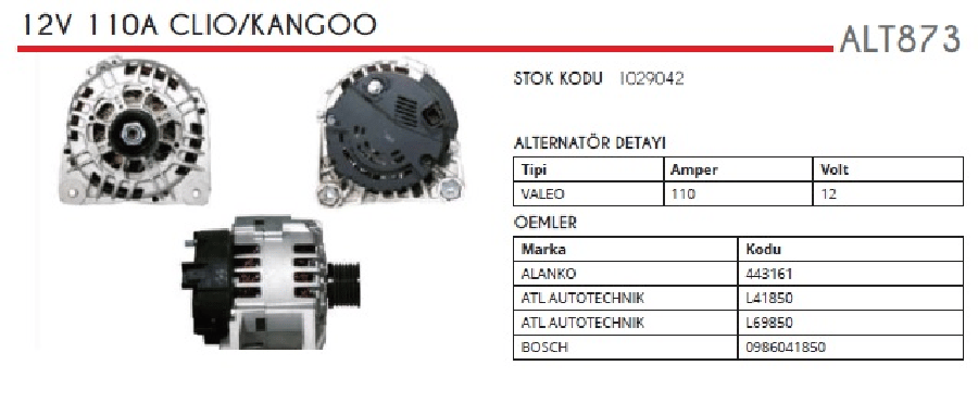 ALTER12V 125A VALEO TIPI LAGUNA/ CLIO II/MEGANE II/KANGOO 15 DCI  03>OPEL MOVANOVIVARO 22 DTI2