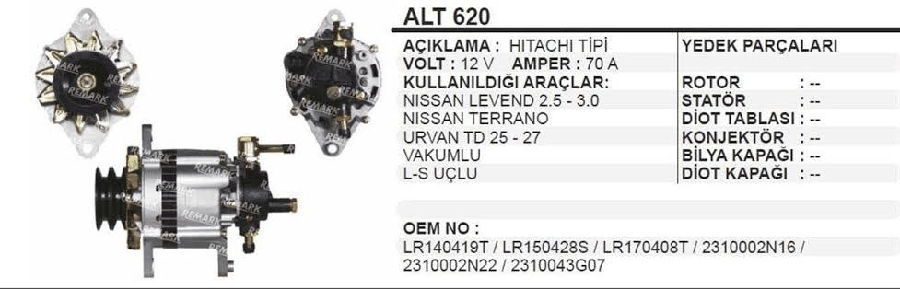 ALTER12V 70A HITACHI TIPI NISSAN LEVEND 25/30/TERRANO/URVAN TURBO DIZEL 2527 VAKUMU KUCUK/ V CIF