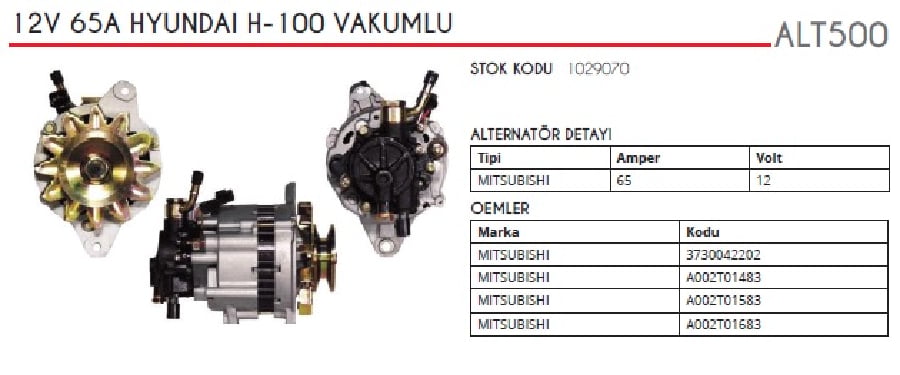ALTER12V65A MITTIPI  HYUNDAI H100 25D TDI  88>94 VAKUMLU EM OVAL SOKETLI