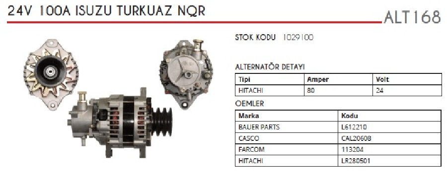 ALTER24V 100A HITACHI TIPI ISUZU TURKUAZ OTOBUS KLIMALI/ISUZU NKRNQR KAMYON  VAKUMLU V 3 LU KASNAK