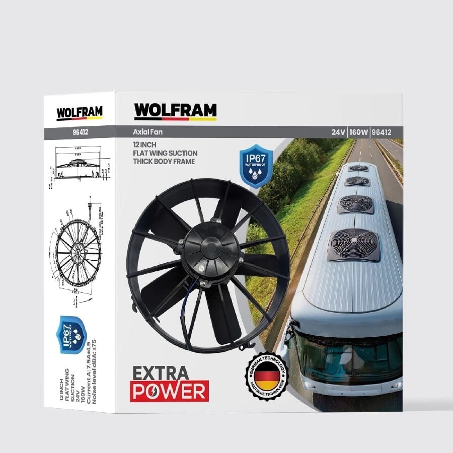 Aksiyel Fan 12 Inch 5 Duz Kanat IP67 Genis Kasnak 24V 160W