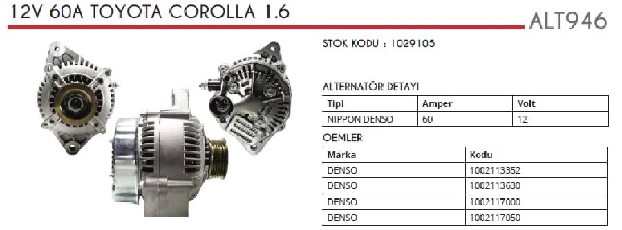 Alter 12V 60A Ndenso Tipi Toyota Corolla 16 AE92 1987>1992/COROLLA 16 EA95 1987>1992/ Sig