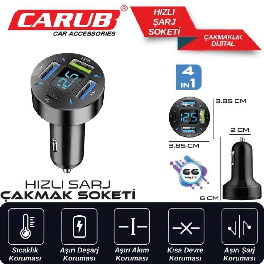 Arac Cakmak Hizli Sarj Soketi 4IN1 Digital