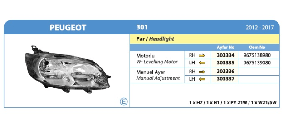 FAR SOL > PEUGEOT 301 / CITROEN CELYSEE MOTORLU 9675139080