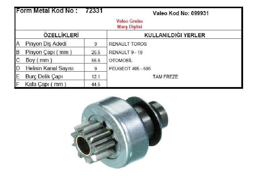 MARS DISLISI 9D VALEO TIPI (0287) RENAULT 91121 BENZINLI FRANSIZ