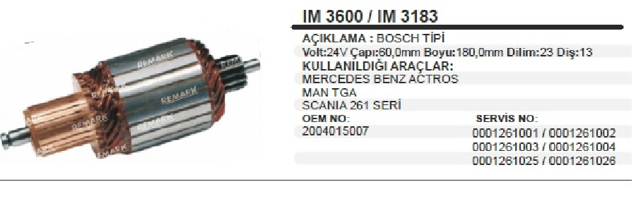 MARS KOLL 24V (IM3183) BOSCH TIPI MERCEDES BENZACTROS/MAN TGA/SCANIA 261SERI CAP:60mm BOY:180mm DI