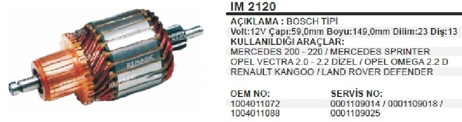 MARS KOLL BOSCH TIP 12VGAZELLE MB SPRINTER D OPEL VECTRA 2022 OMEGA RENAULT KANGOO 23 DILIM 13