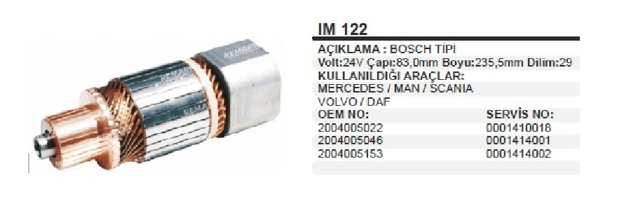 MARS KOLL BOSCH TIP 24V ALFKB KISA MERCEDES MAN SCANIA VOLVO DAF 29 DILIM CAP 83 mm UZUNLUK 2355 m