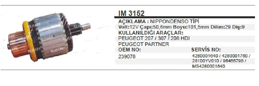 MARS KOLL NIPPON DENSO TIPI 12V IM 3152 96466798 12V PEUGEOT 206 14HDI(01>)207 14HDI16HDI(06