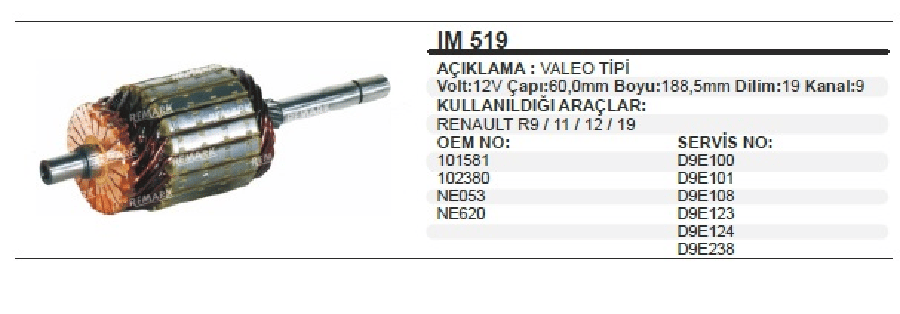 MARS KOLL VALEO TIP 12VRENAULT 9  11  12  19 19 DILIM 9 KANAL CAP 60 mm UZUNLUK 1885 mm