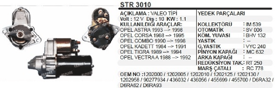 MARS MOTORU 12V 11KW 10D VALEO TIPI OPEL MERIVA /CADETT/COMBO/CORSA BC/ASTRA FGTIGRAVECTRAAGIL