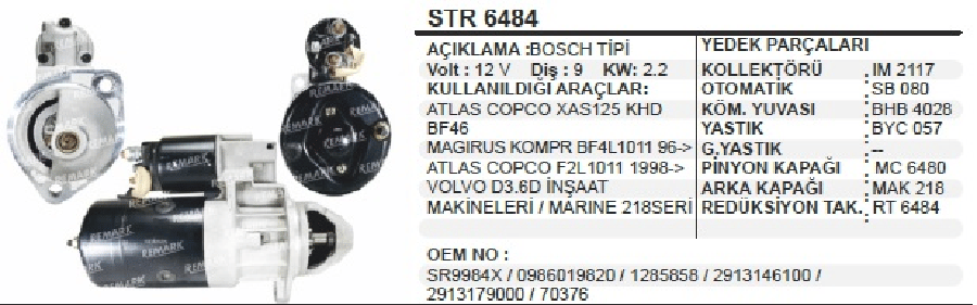 MARS MOTORU 12V 9D 22 KW BOSCH TIPI ATLAS COPCO XAS 125 KHD BF46/ F2L1011 /MAGIRUS KOMPRESOR BF4L