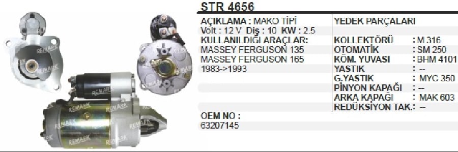 MARS MOTORU 12V10D25 KW MARELLI TIPI MF135 148 165 240 UZEL TRAKTOR SAG AGIZ