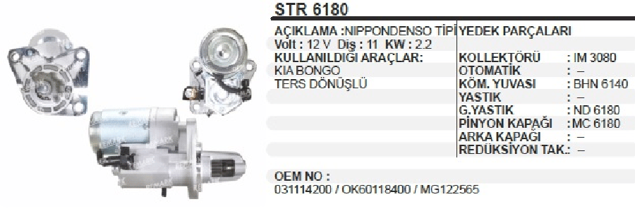 MARS MOTORU 12V11D22 KW DENSO TIPI KIA HIGH BESTA/BONGO/ PREGIO CCW TERS DONUS PINYON KAPAKLI