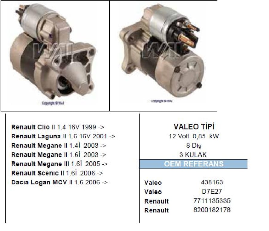 MARS MOTORU 12V8D08 KW VALEO TIPI >RENAULT MEGANE II 16 16V 2003>/CLIO III 16 16V 2006>