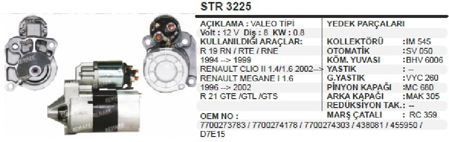 MARS MOTORU 12V8D08 KW VALEO TIPI RENAULT 19RN/RTE/RNE 94>99/CLIO II 14/16 02>/MEGANE I 16