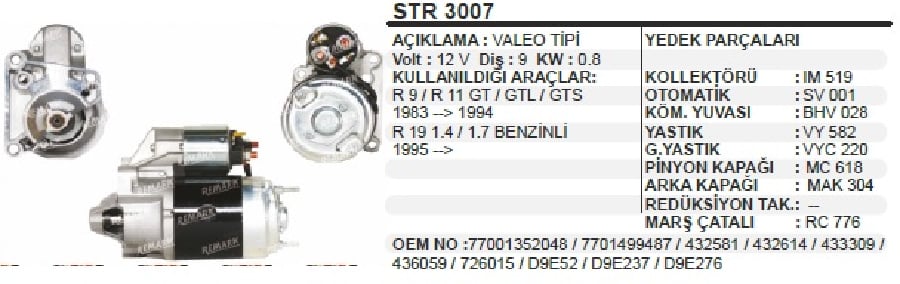 MARS MOTORU 12V9D08 KW VALEO TIPI> REN911 83>94/R19 14/17 BENZ95>