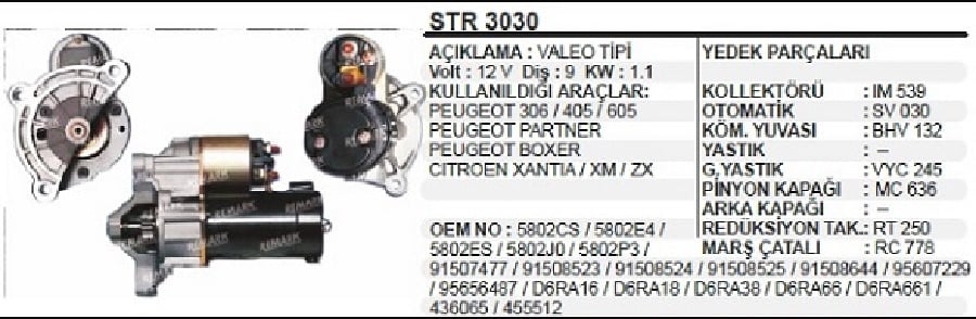 MARS MOTORU 12V9D11 KW VALEO TIPI CITROEN C4 C5C8XSARA 20 PEJO 206307406407807 20I / FI
