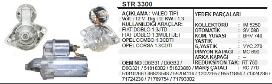 Mars Motoru 12V Valeo Tip 13KW 9D Fiat Albea 13MJET  Doblo 13 Multi Jet