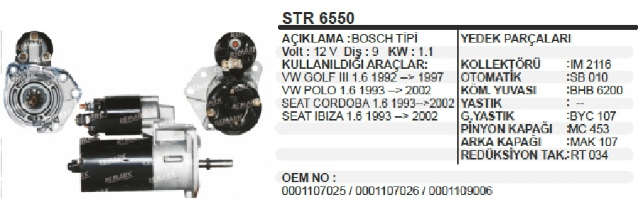 Mars Motoru 12V9D11 Kw Bosch Tipi Vw Lupo Polo CLASIC/IBIZA /GOLF 3 Caddy