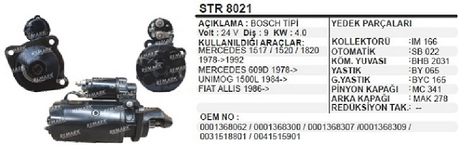 Mars Motoru 24V 9D 40 Kw 3 Kulak Bosch Tipi Mercedes 2521 Kamyon /NKLK2 1984>1998 /UNIMOG U1700@MARS Motoru 24V 9D 40 Kw 3 Kulak Bosch Tipi Mercedes 2521 Kamyon /NKLK2 1984>1998 /UNIMOG U1700