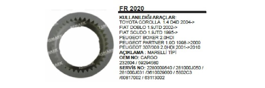 Rediktor Fiberi Marelli Tipi COROLLA/DOBLO/SCUDO 19 /PEUGEOT Partner 307308 20 Hdi