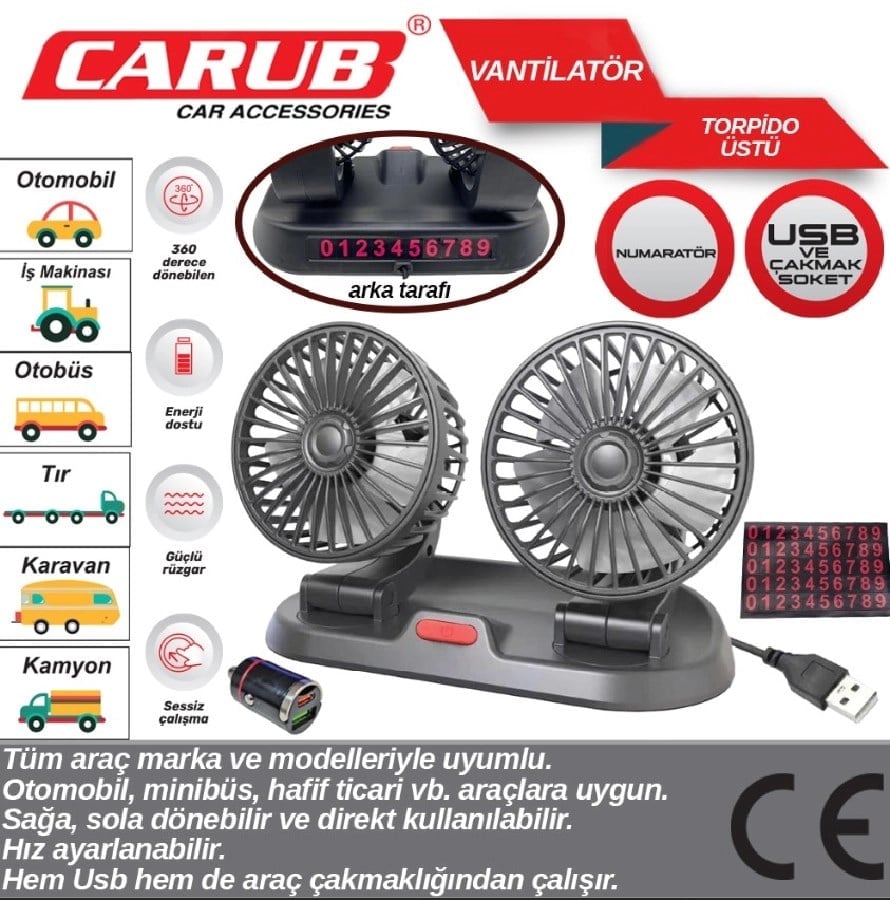 Vantilator 12V24V Torpido Ustu Ciftli USB+CAKMAK DONUSTURUCULU+ARKASI Numaratorlu