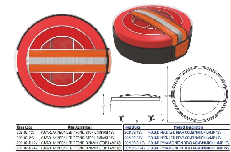 YUVARLAK NEON LED 7 FONKSIYONLU DUZ SINYALLI HAMBURGER STOP LAMBASI 24V