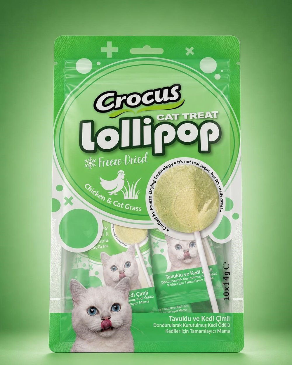 Crocus Kediler İçin Tavuklu Ve Kedi Çimli Lolipop 10x1,4 gram – Ödül ve Atıştırmalık