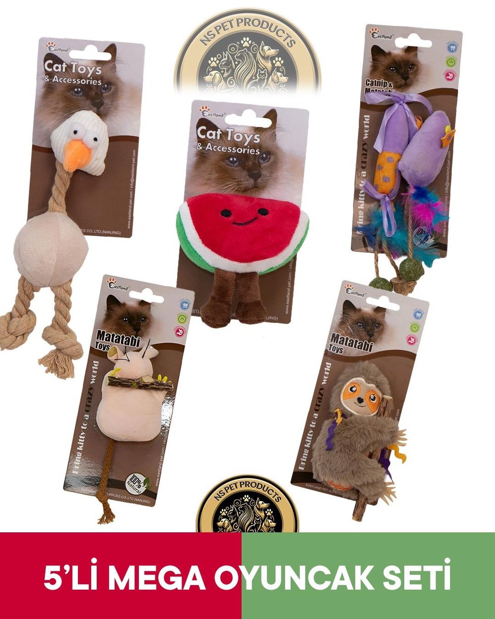 Eastland Catnipli Peluş Tavuk -Matatabili Fare-Catnipli Karpuz-Tembel Hayvan-Matatabive Catnipli Fare ve Şekerli Oyuncak 5'li Set
