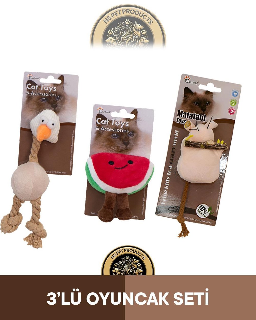 Eastland Catnipli Peluş Tavuk-Matatabili Peluş Fare-Catnipli Hışırtılı Peluş Karpuz Oyuncak 3'lü Set