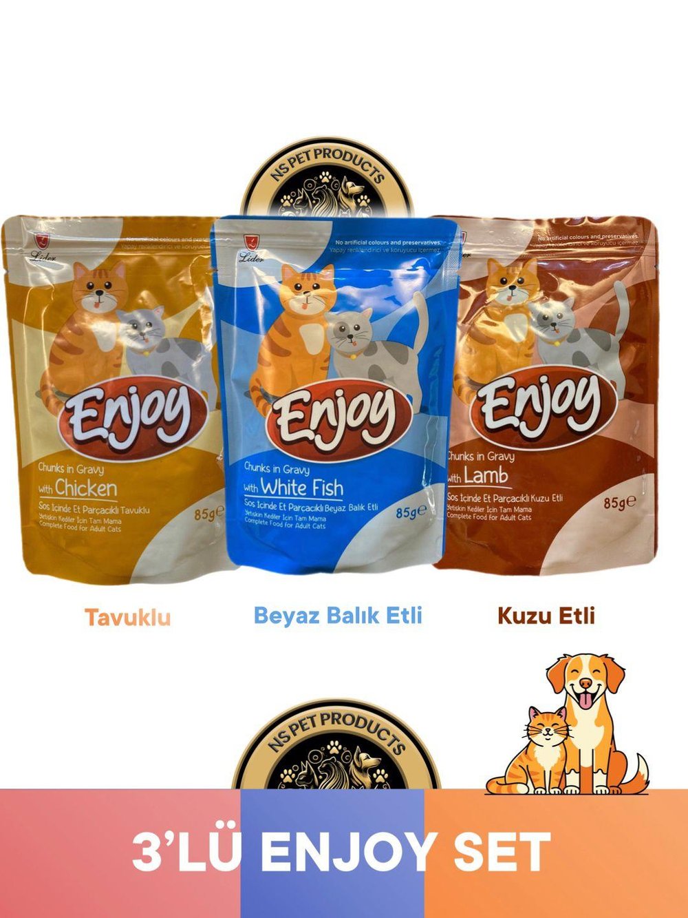 Enjoy Pouch Sos İçinde Et Parçacıklı Kuzu Etli/ Tavuklu/ Beyaz Balıklı Yaş Kedi Maması 3x85 gr