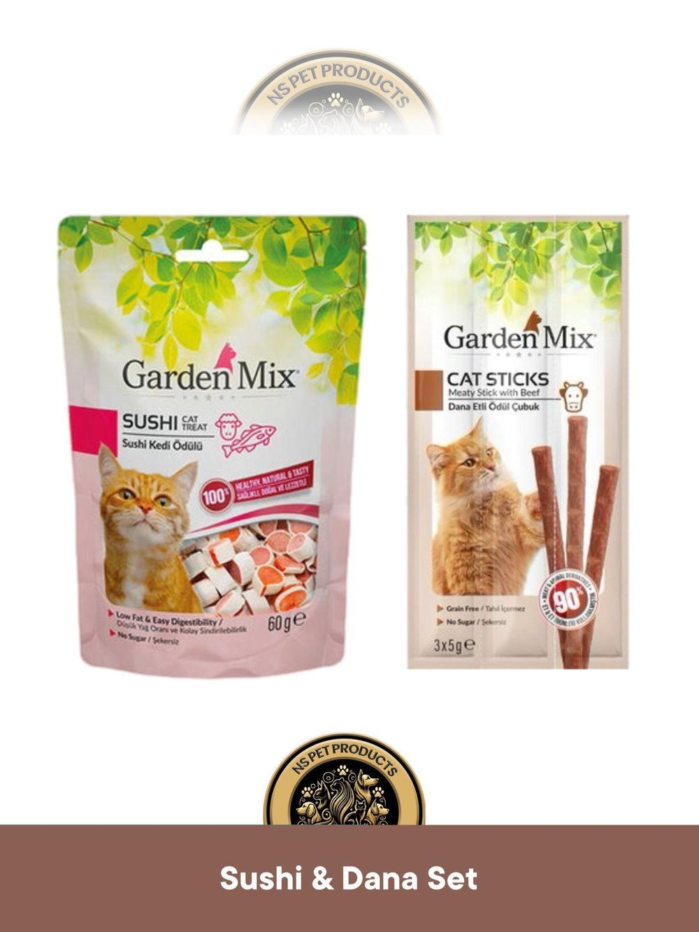 Garden Mix Kuzu Etli Sushi 60 gram & Garden Mix Dana Etli Ödül Çubuk Kedi Stick Ödül Maması 3x5 gram - Kedi Ödül Maması Seti