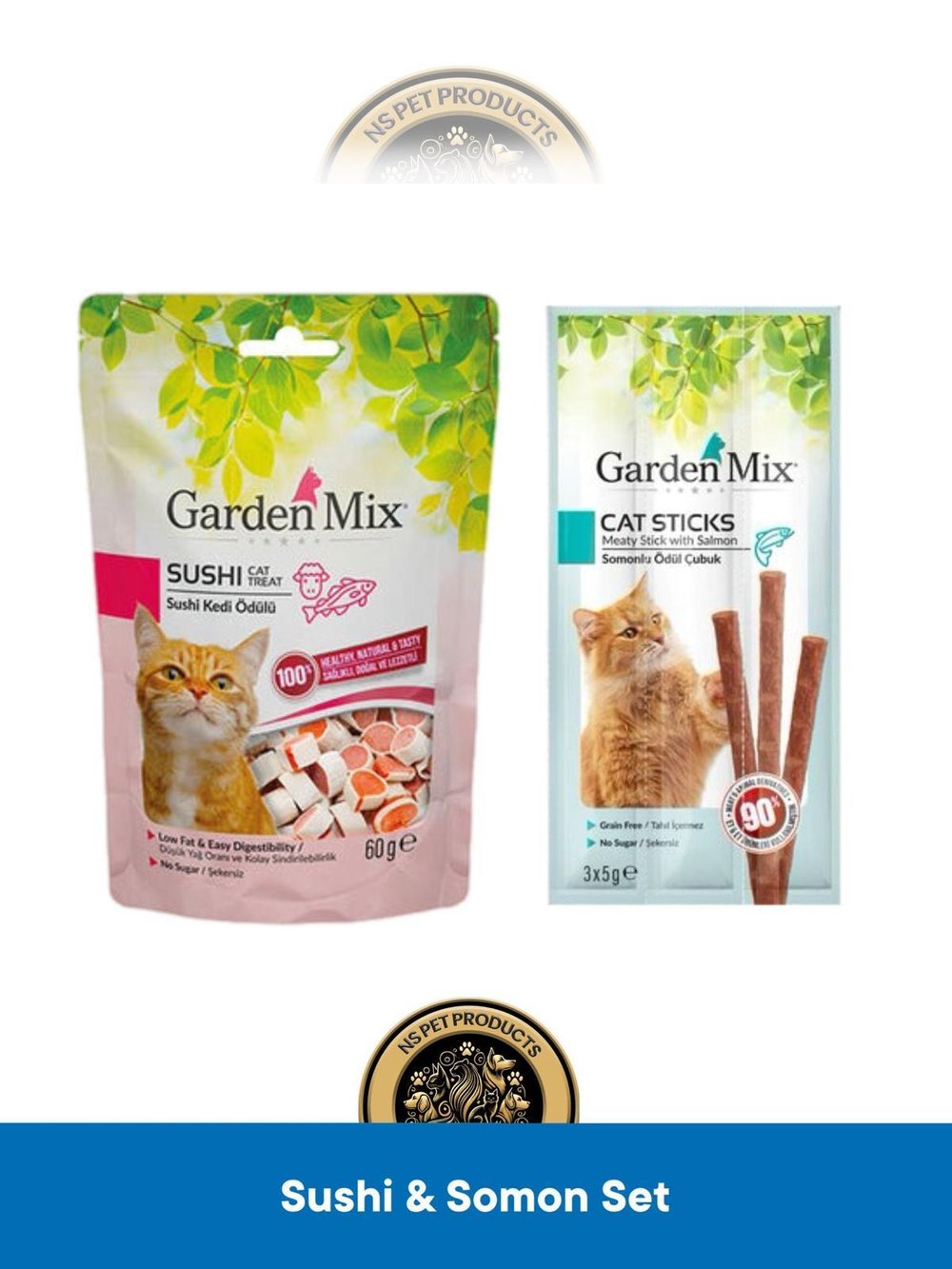 Garden Mix Kuzu Etli Sushi 60 gram & Garden Mix Somonlu Ödül Çubuk Kedi Stick Ödül Maması 3x5 gram - Kedi Ödül Maması Seti